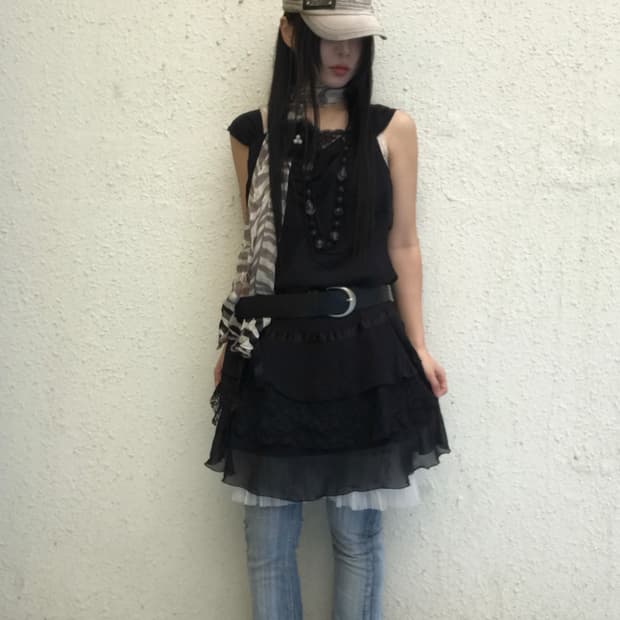 미사미사 리본 레이스 원피스+스키니 펑크 데님 코디세트