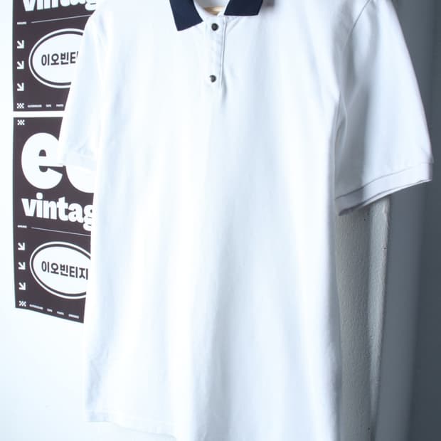(L-XL) 플랙 반팔 카라 티셔츠 카라배색 화이트 놈코어-H34654