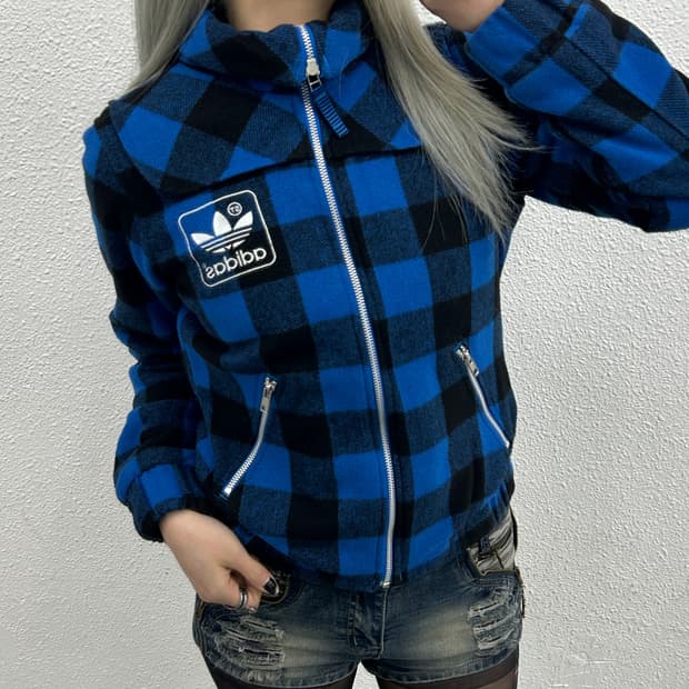 아디다스 블루 타탄체크 울 자켓 95