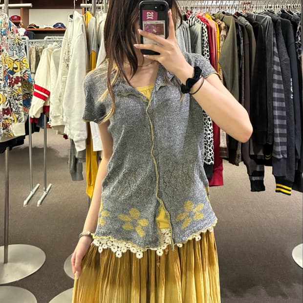 M-L)Sicilienne 빈티지 여성 꽃 자수 펀칭 디테일 반팔 가디건