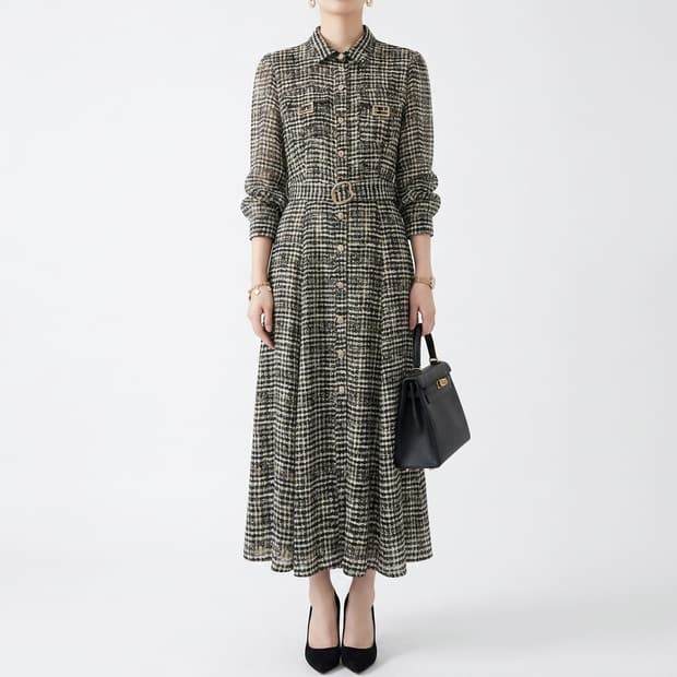 DIWENSI 디웬시 패턴 벨티드 셔츠 롱 원피스 (금장 디테일)