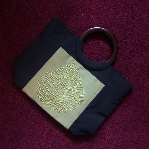 Wood Handle Embroidered Tote Bag