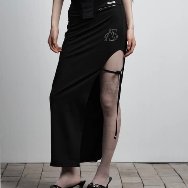 애즈유아 커팅 리본 롱 스커트 블랙 M