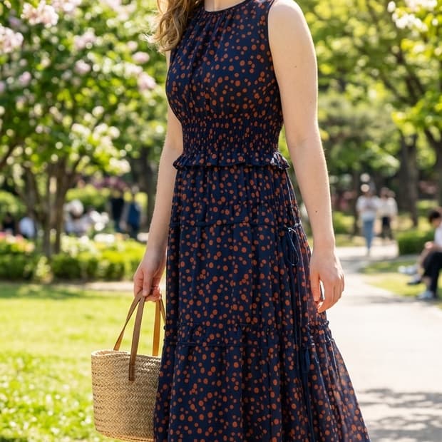 [정품] Mila Owen 도트 티어드 셔링 롱 원피스 (Size 0)