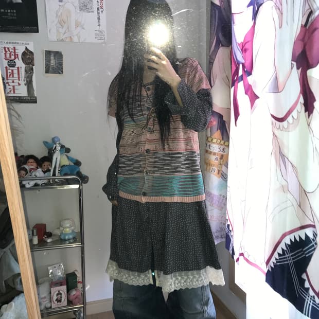 모리 하구미 줄무늬가디건+도트 원피스 세트