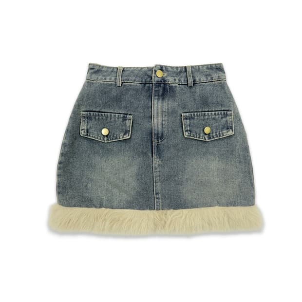 빈티지 GRL 퍼 데님 퀼팅 미니 스커트