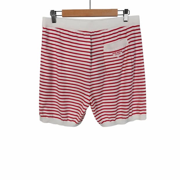 [52] 프라다 남성 실크 삼각로고 스트라이프 버뮤다 쇼츠 반바지 레드