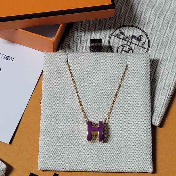 에르메스 H 팝아슈 펜던트 골드 하드웨어 아네몬느 퍼플 목걸이