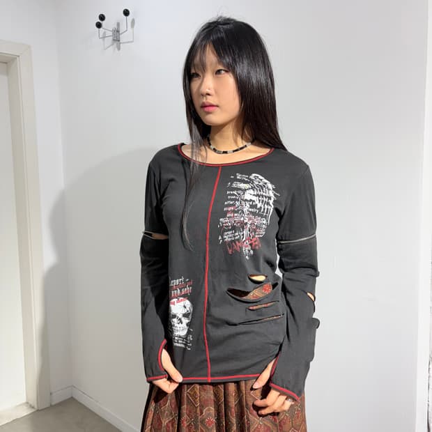 Blood storm 스컬 지퍼 고스룩 긴팔 티셔츠