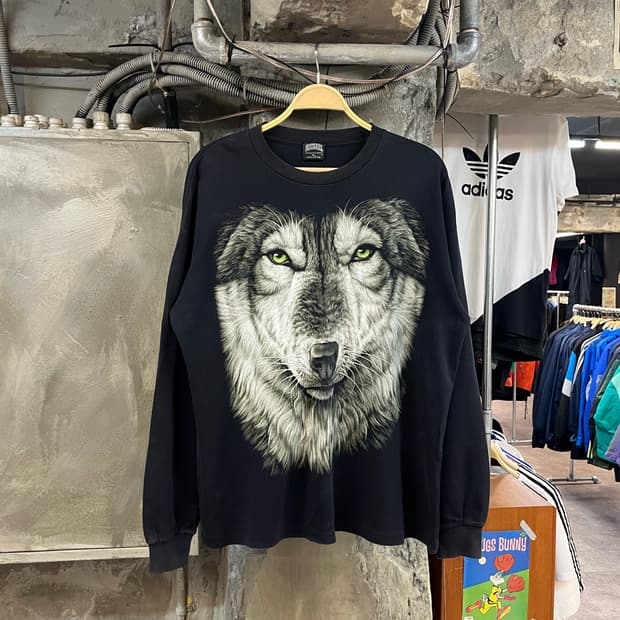 빈티지 울프 프린팅 긴팔티 블랙 XL #csz2863