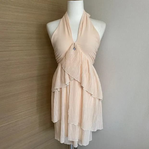 빈티지 양산형 갸루 홀터넥 드레스 미니원피스 연핑크 살구 애프리콧