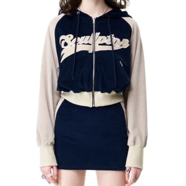 Sculptor 스컬프터 벨벳 크롭 후드집업 스커트 셋업 s