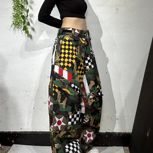 퀵실버 그린 와이드 밀리터리 카모 패턴 트랙 팬츠 힙합 바지 L