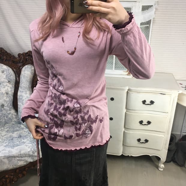 jpn vintage 오리엔탈 나비 셔링 후드티