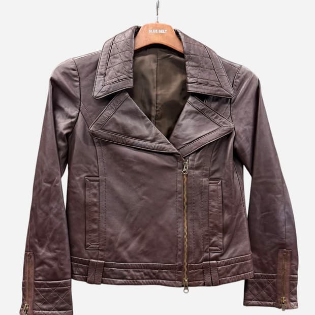 Ray BEAMS 레이빔즈 천연 양가죽 크롭 라이더자켓 카라 퀼팅 버건디