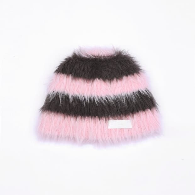 에스이오 SEO Fuzzy Stripe Beanie Pink OS