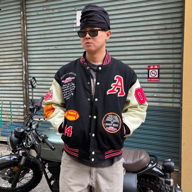 Super dry Asahi patch varsity jacket