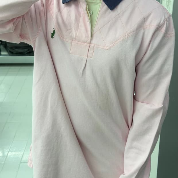 폴로 랄프 로렌 00s 퀼팅 숄더 롱슬리브 핑크 럭비 셔츠