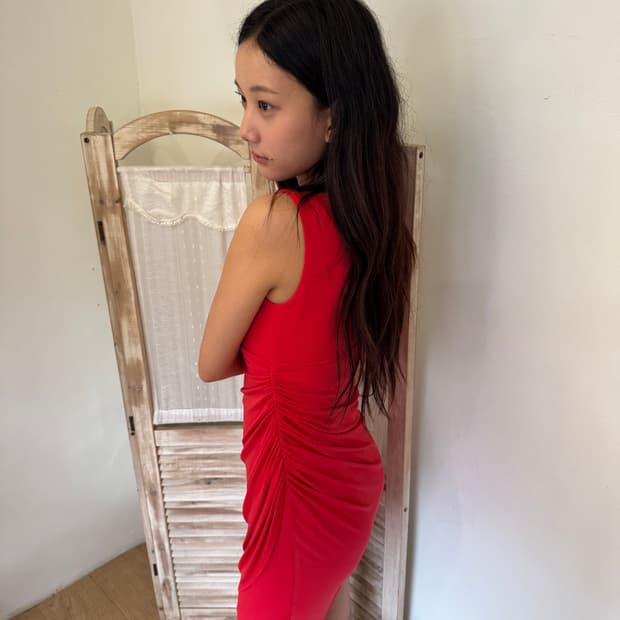 red shirring dress