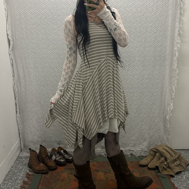 빈티지 셔링 플레어 슬리브리스 스트라이프 언발 나시 원피스 K0061