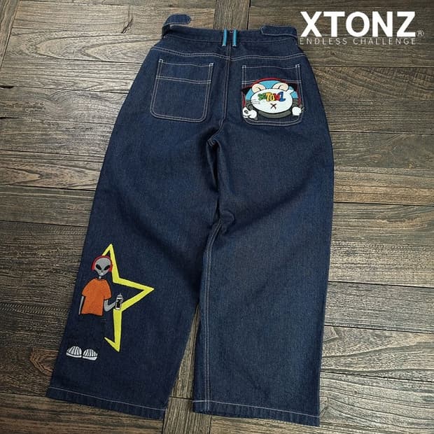 [엑스톤즈] 그래픽 자수 와이드 데님 팬츠 청바지 M19134