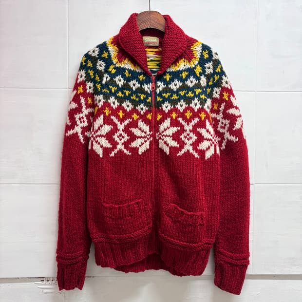 빈티지 레드 노르딕 눈꽃 니트 집업 (JPN)