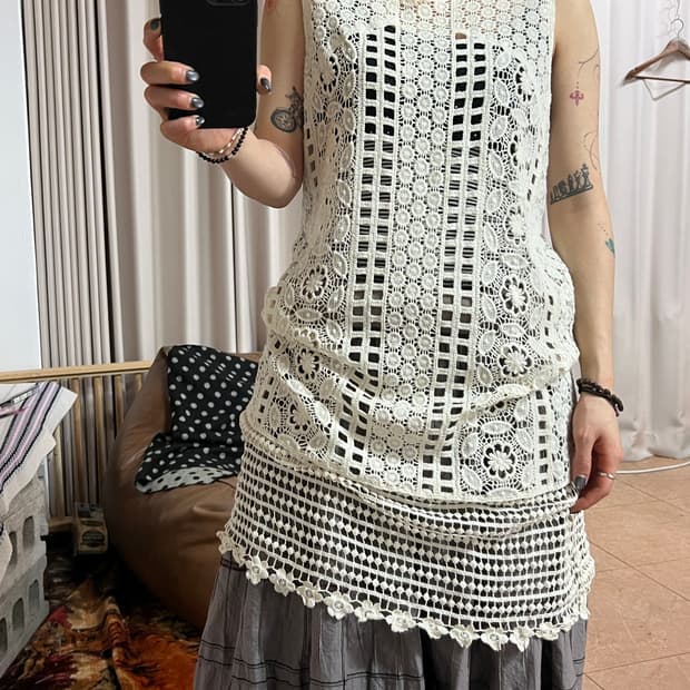 빈티지 여성 그물 니트 롱 베스트 
