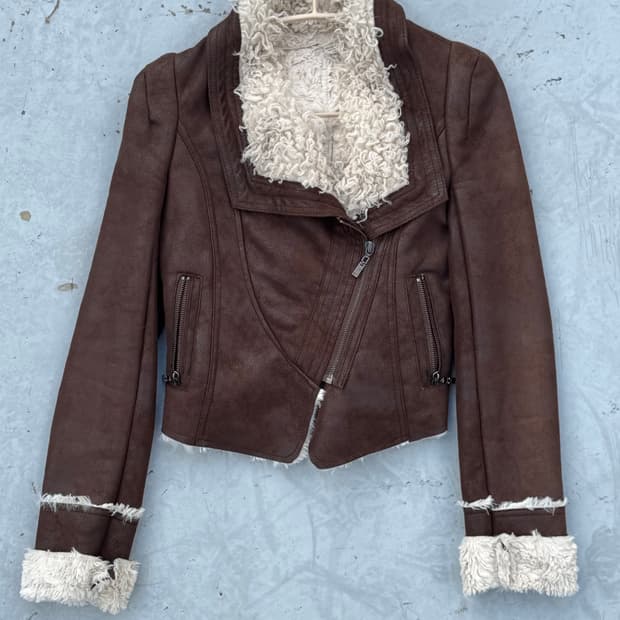 Vintage 절개 레더 퍼 무스탕