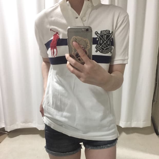 폴로 랄프로렌 화이트 커스텀 슬림핏 배색 빅포니 카라 PK 반팔 티