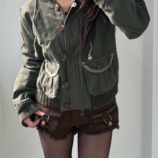 Vintage Khaki Hood Button Zip-Up Jacket