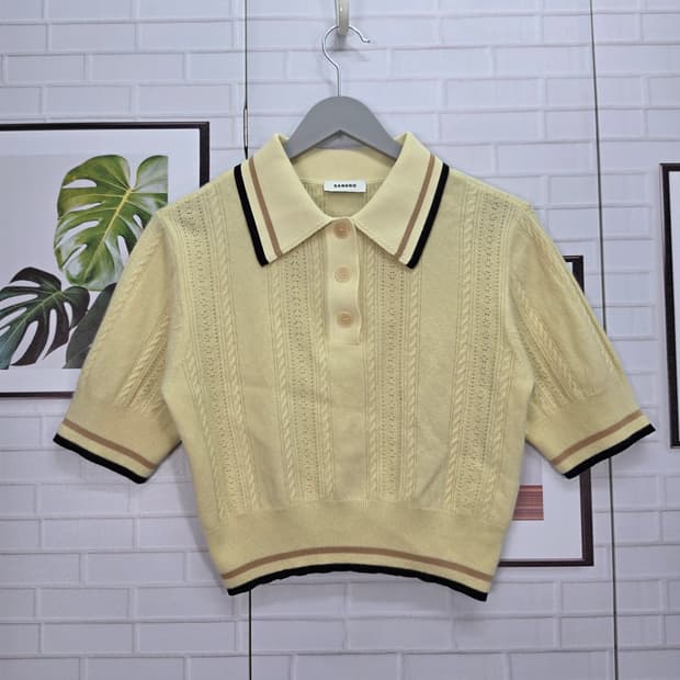 산드로 케이블 캐시미어 울 폴로 반팔 크롭 티셔츠 1사이즈