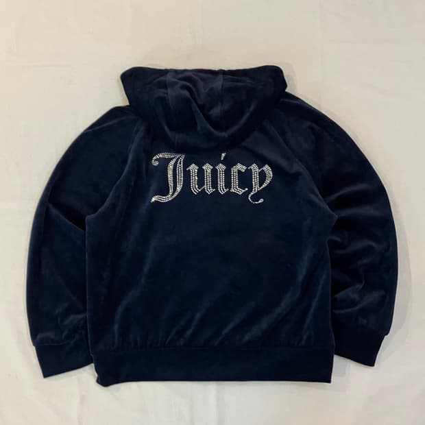 쥬시꾸뛰르 y2k 빅로고 벨벳 큐빅 벨루어 후드집업 네이비