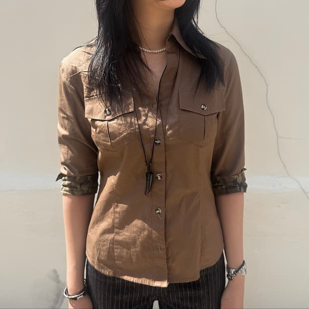 Brown Military Detail Sleeve Shirts