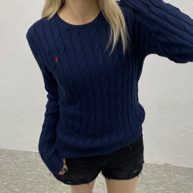 폴로 랄프로렌 레드포니 네이비 꽈배기 니트 L