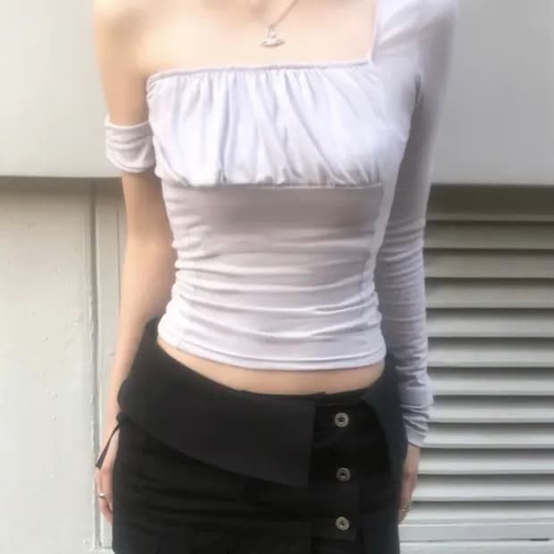 언발란스 벌룬 셔링 오프숄더 티
