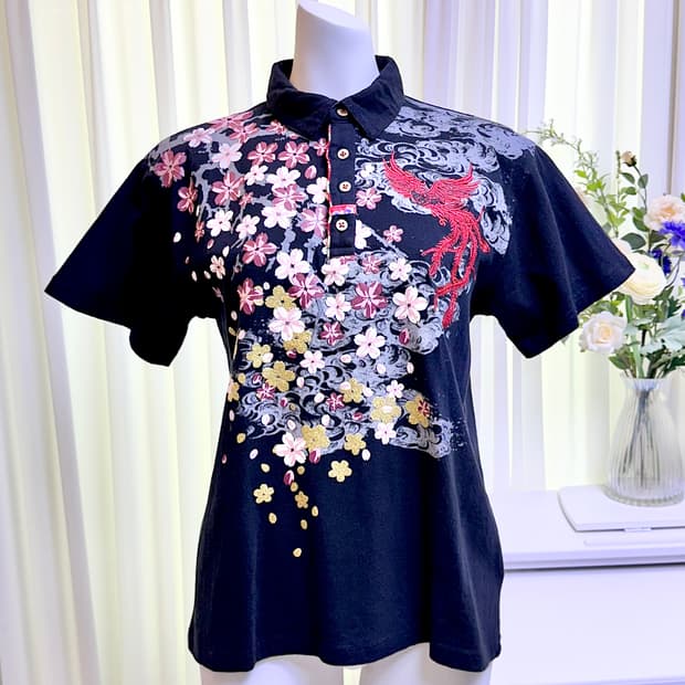 오리엔탈 사쿠라 봉황 자수 카라티셔츠