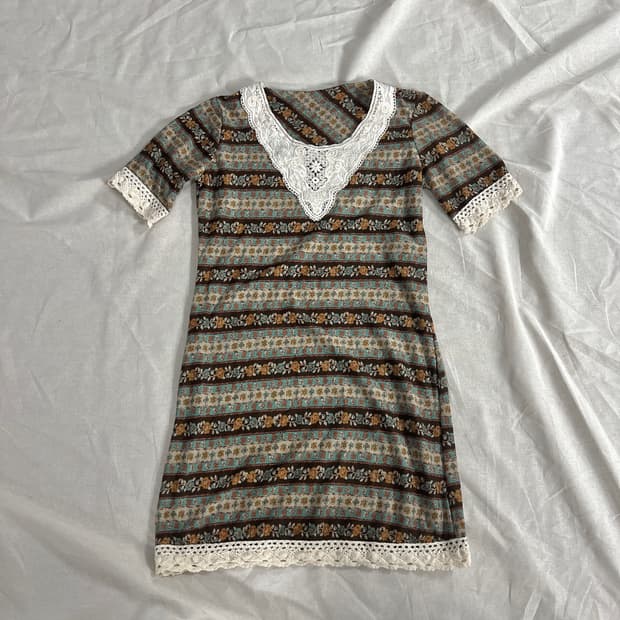 모리걸 히피 보헤미안 민트 브라운 패턴 레이스 원피스