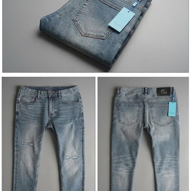 구찌(GUCCI) 시그니처 GG 레더 패치 디스트레스드 슬림 데님 팬츠