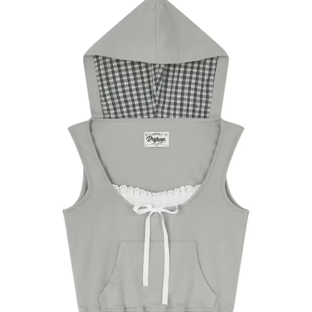 Dryrose 체크 후드 슬리브리스 (GRAY)