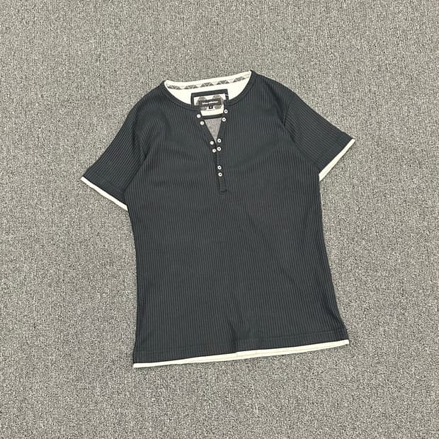 M)Japanese vintage 블랙 골지 헨리넥 반팔