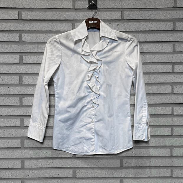 JPN VINTAGE 긴팔 셔츠 셔링 스트라이프 디테일 화이트