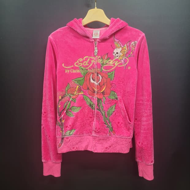 Ed Hardy 에드하디 올드스쿨 펑크 큐빅 벨루아 후드 집업