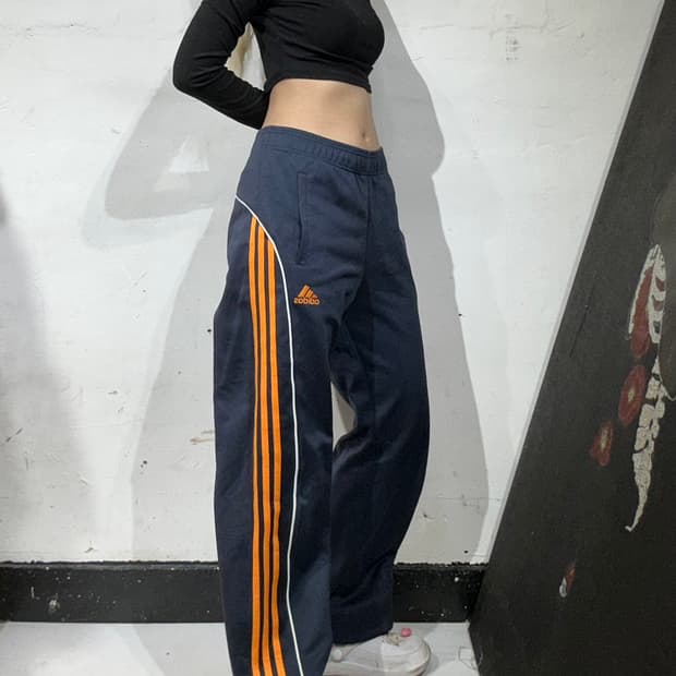 아디다스 네이비 와이드 오렌지 삼선 스몰 로고 추리닝 트레이닝 팬츠 M