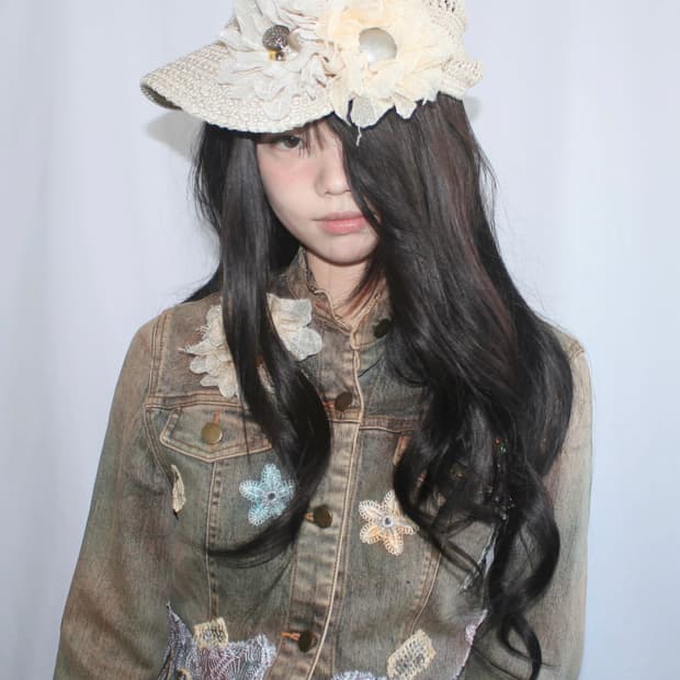 3 flower-corsage brooch+ivory net cap