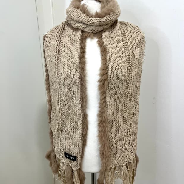 일본 빈티지 갸루 베이지 퍼 테슬 머플러 