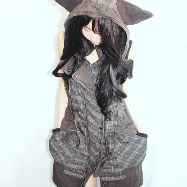 Cat-Ear check 2way grunge zipup onepiece