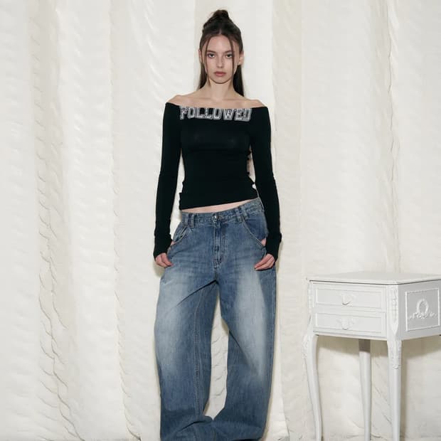 플리즈노팔로우 25Damaged Washing Wide Denim S