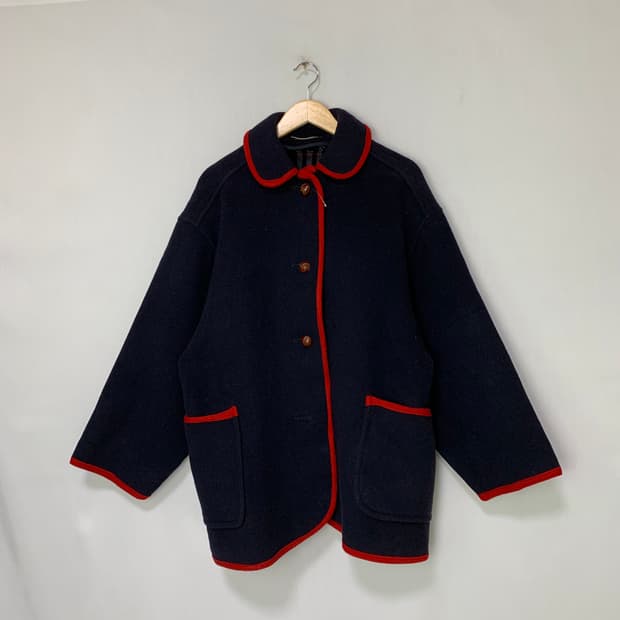 버버리 빈티지 네이비 버튼 울 코트 레드 포인트