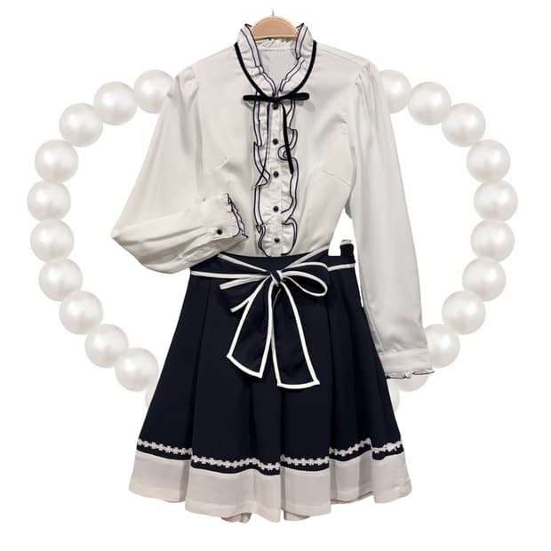 일본 빈티지 블랙 파이핑 라인 프릴 블라우스 