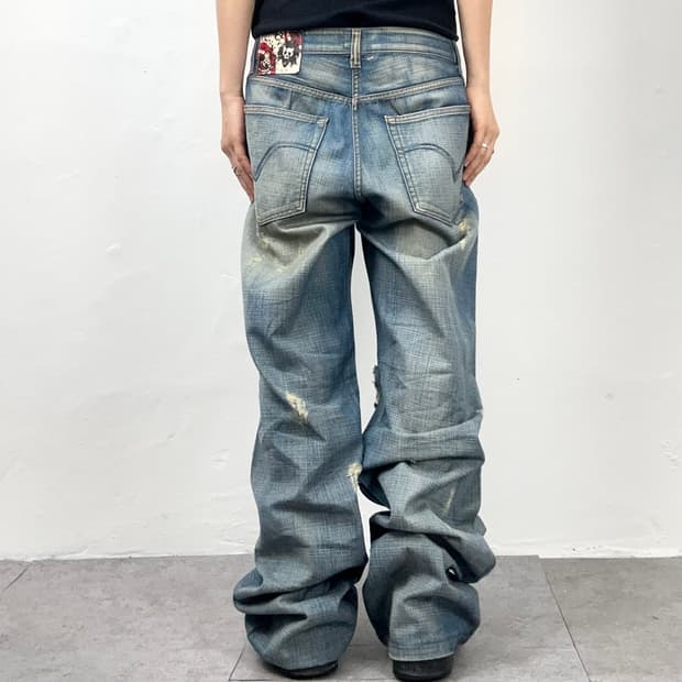 Skull Patch Low Crotch Wide Denim Pants